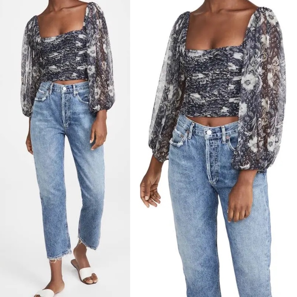 Free People Lilia Navy Floral Ruched Mesh Crop Top Size Medium